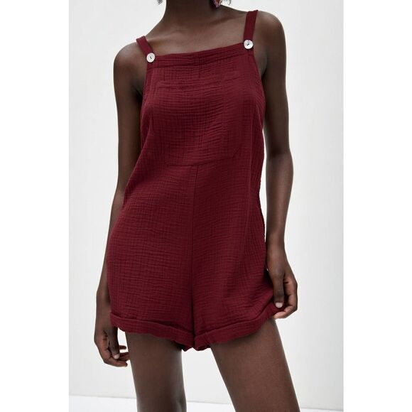 ZARA Textured Overalls Jumpsuit New Burgundy - Picture 2 of 7